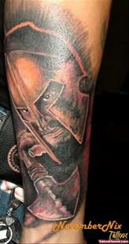 Grey Ink Greek Warrior Tattoo On Sleeve