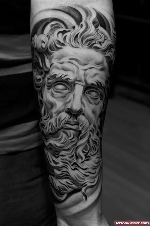 Grey Ink Greek Tattoo On Sleeve For Men