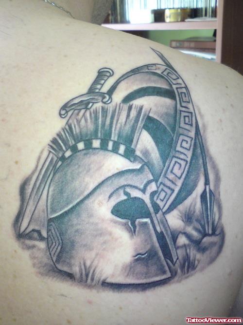 Grey Ink Greek Tattoo On Right Back Shoulder