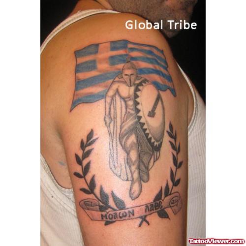 Grey Ink Greek Tattoo On Man Right Half Sleeve