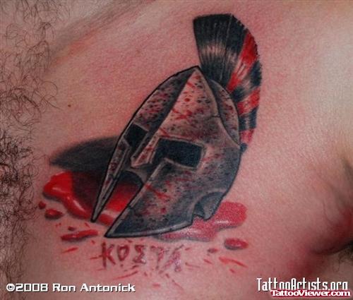 Greek Helmet Tattoo On Man Chest
