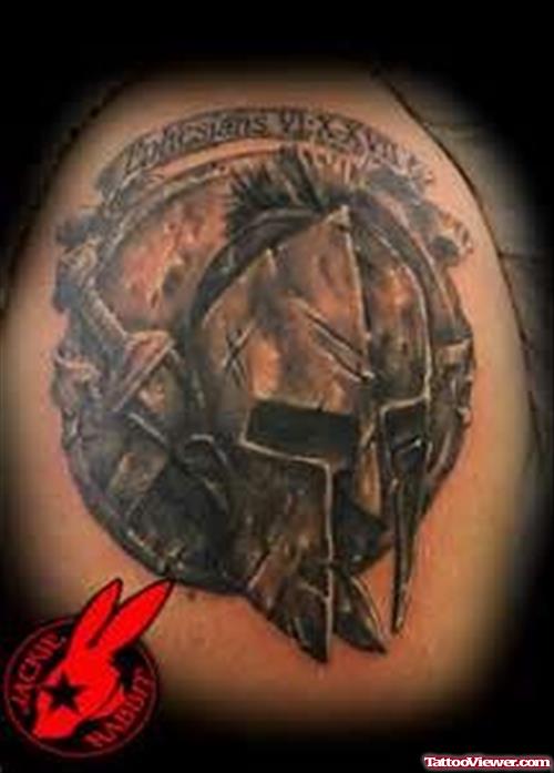 Awesome Grey Ink Greek Spartan Head Tattoo On Shoulder