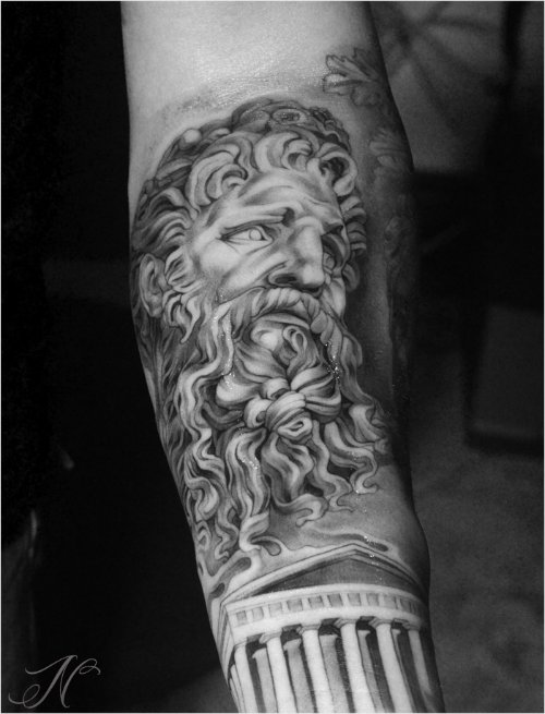 Awesome Grey Ink Greek Tattoo On Sleeve