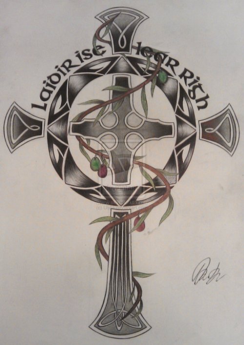 Grey Ink Celtic Cross Greek Tattoo Design