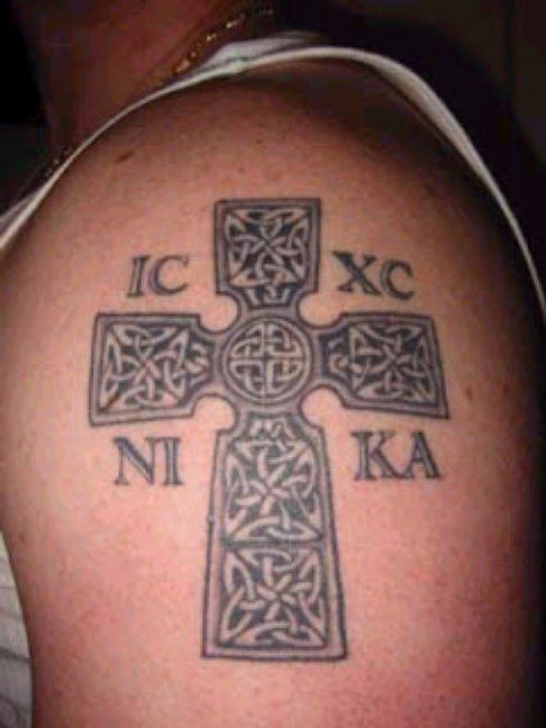 Celtic Cross Greek Tattoo On Left Shoulder
