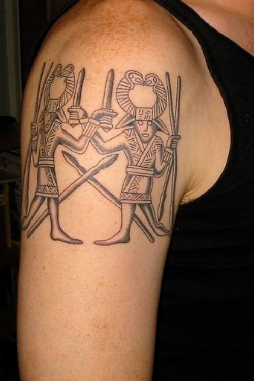 Grey Ink Viking Greek Tattoo On Right SHoulder