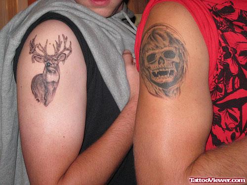 Grey Ink Deer And Grim Reaper Tattoos On Shoulders