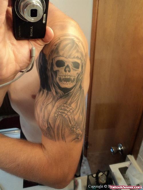 Grim Reaper Tattoo On Man Left Half Sleeve