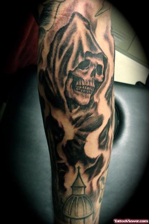Fine Black Ink Grim Reaper Tattoo On Sleeve