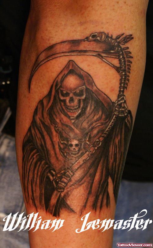 Cool Grey Ink Grim Reaper Tattoo On Right Sleeve