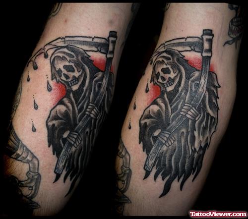 Classic Black Ink Grim Reaper Tattoo On Sleeve