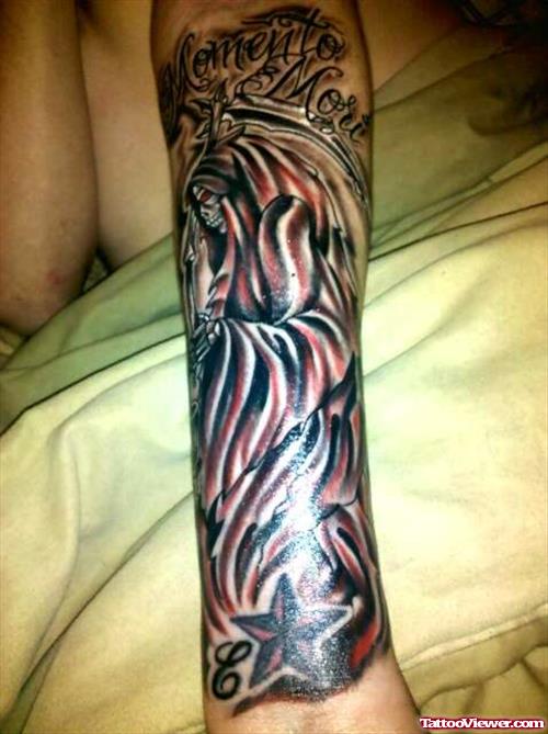 Black Ink Grim Reaper Tattoo On Left Sleeve