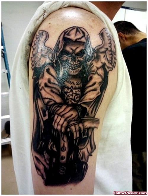 Amazing Dark Ink Grim Reaper Tattoo On Right Half Sleeve