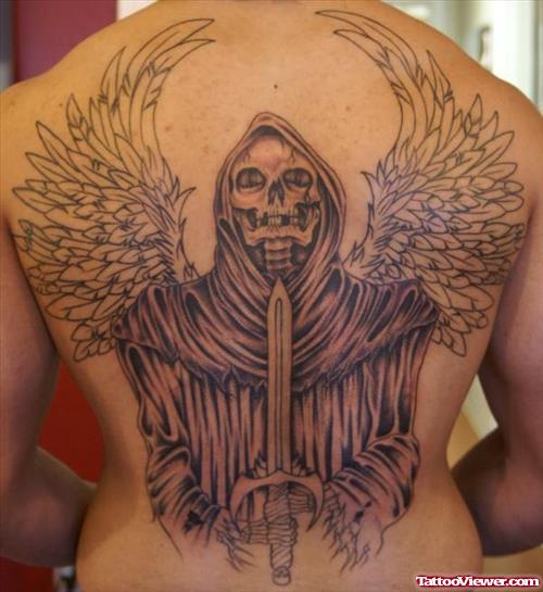 Winged Grim Reaper Tattoo On Back
