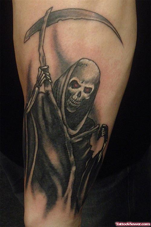 Unique Black Ink Grim Reaper Tattoo On Sleeve