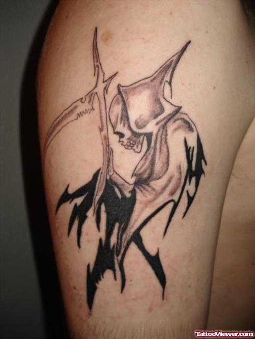 Tribal Grim Reaper Tattoo On Right Half Sleeve