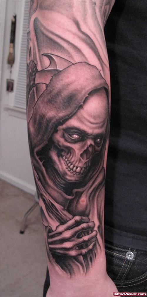 Impressive Grey Ink Grim Reaper Tattoo On Right Sleeve