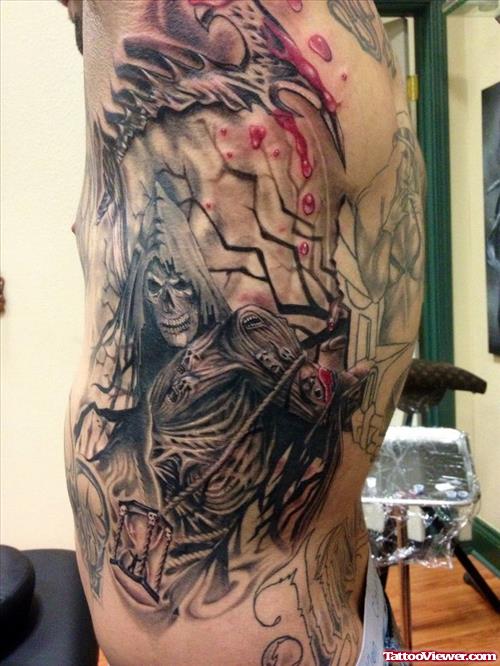 Grey Ink Grim Reaper Tattoo On Man Side