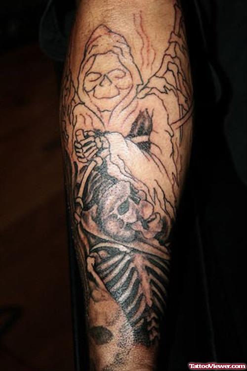Grey Ink Grim Reaper Tattoo On Arm