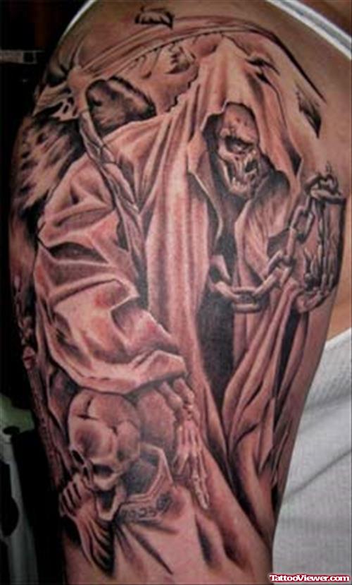 Great Grey Ink Grim Reaper Tattoo On Right Half Sleeve