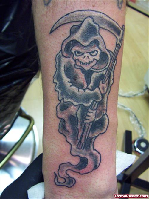 Cute Grey Ink Grim Reaper Tattoo On Arm