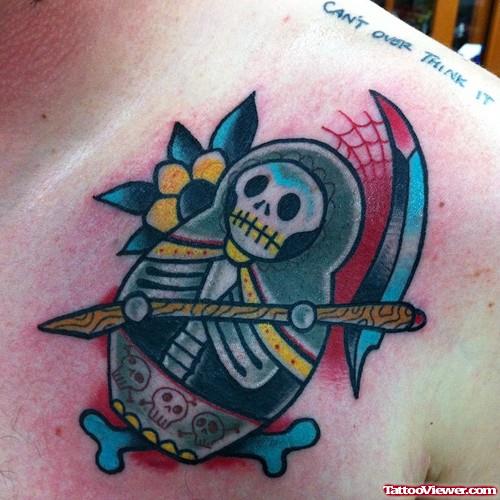 Colored Grim Reaper Tattoo On Chest