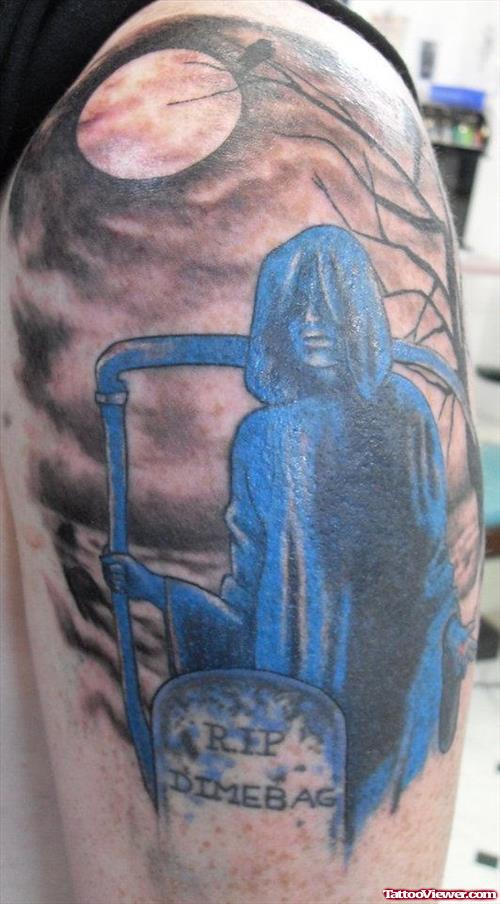Blue Grim Reaper Tattoo On Man Left Half Sleeve