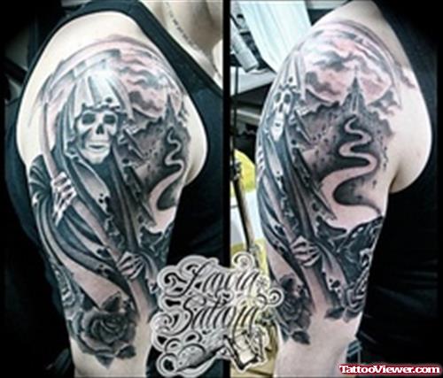 Black Ink Grim Reaper Tattoo On Sleeve For Men