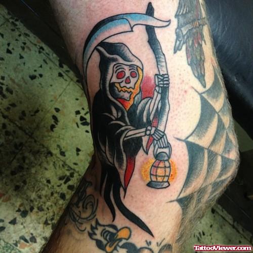 Attractive Colored Grim Reaper Tattoo On Sleeve