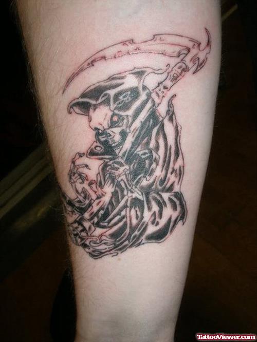Wonderful Grey Ink Grim Reaper Tattoo On Arm