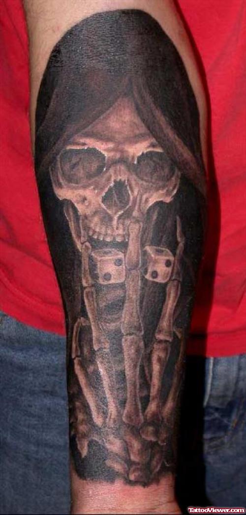 Latest Grey Ink Grim Reaper Tattoo On Arm