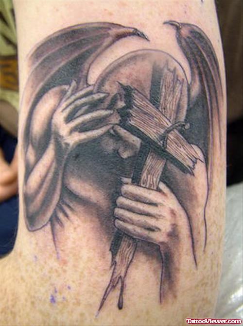Grey Ink Grim Reaper With Cross Tattoo