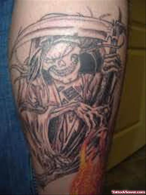 Grey Ink Grim Reaper Tattoo On Right Sleeve
