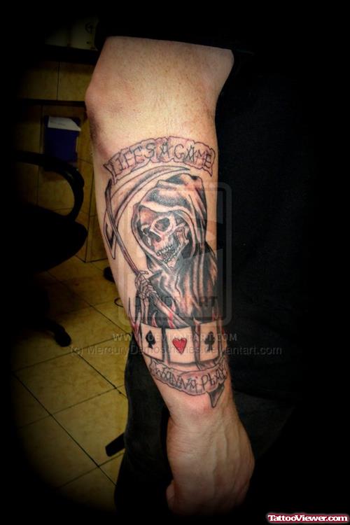 Grey Ink Grim Reaper Tattoo On Right Arm