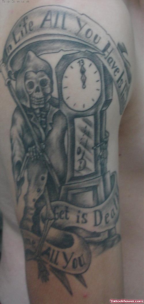 Grey Ink Grim Reaper Tattoo On Left Half Sleeve