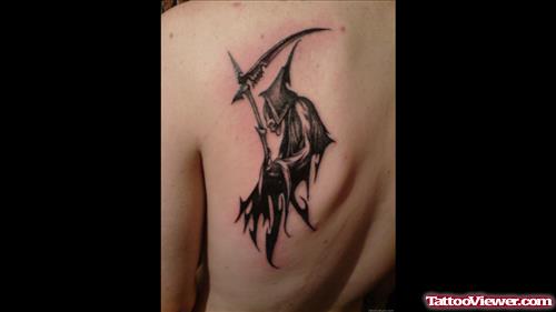 Grey Ink Grim Reaper Tattoo On Left Back Shoulder