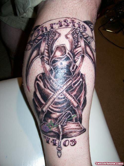 Cute Grey Ink Grim Reaper Tattoo On Leg