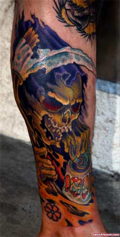 Colored Grim Reaper Tattoo On Leg