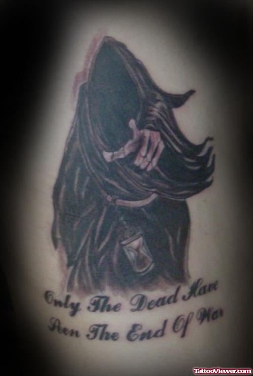 Black Ink Grim Reaper Tattoo Design For Guys