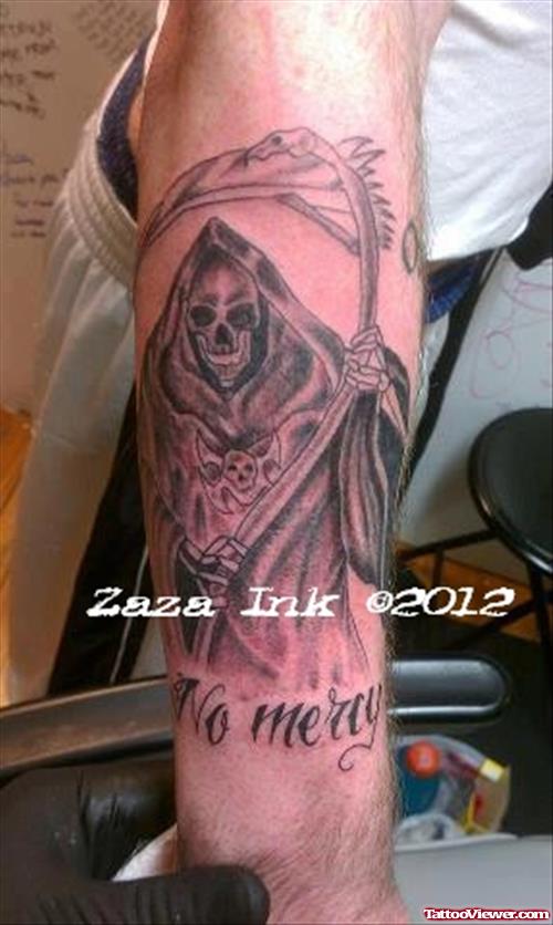 Best Grey Ink Grim Reaper Tattoo On Right Sleeve
