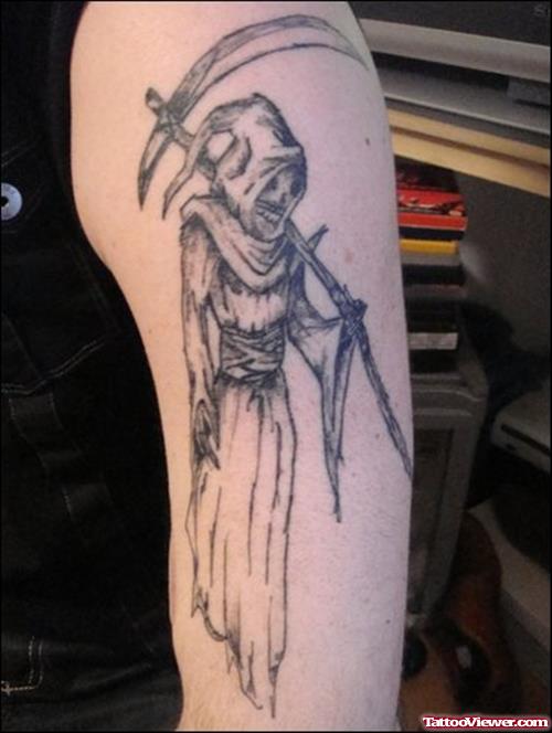 Best Grey Ink Grim Reaper Tattoo on Left Sleeve
