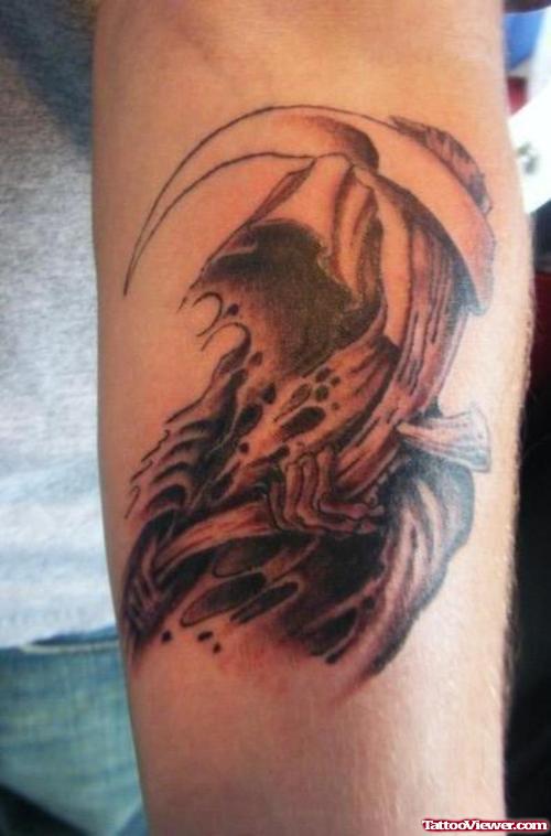 Best Grey Ink Grim Reaper Tattoo On Arm