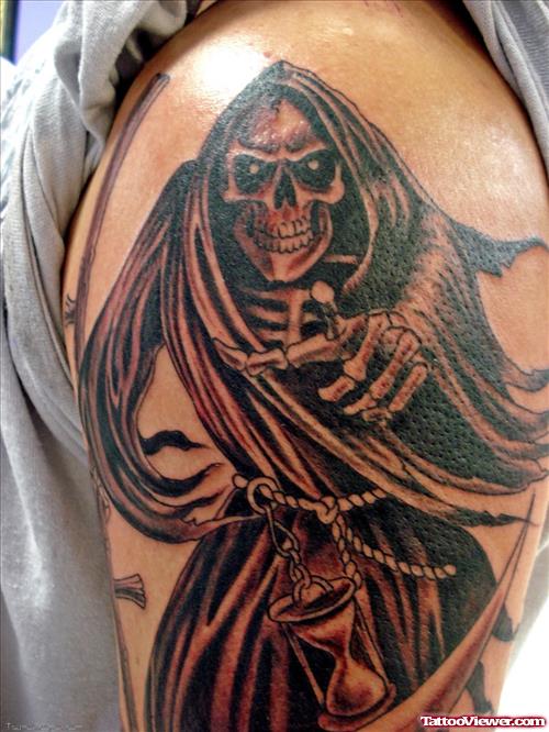 Awful Scary Grim Reaper Tattoo On Left Half Sleeve