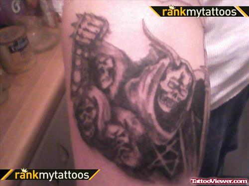 Awesome Grey Ink Grim Reaper Tattoo On Leg