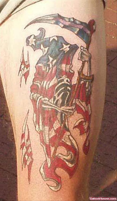 Attractive Colored Us Army Grim Reaper Tattoo On Leg