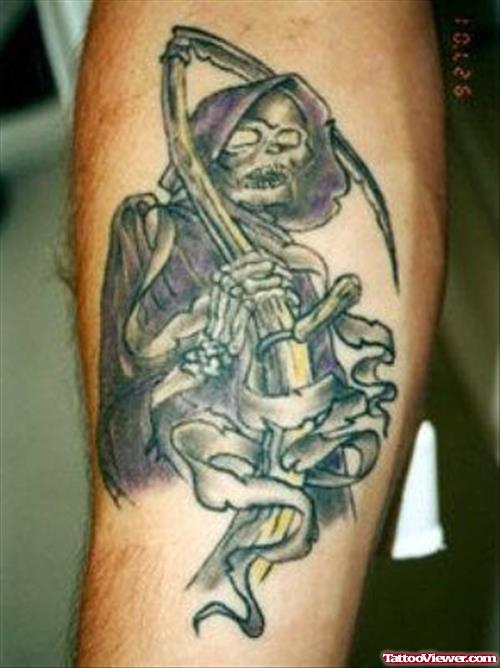 Amazing Grey Ink Grim Reaper Tattoo On Right Arm