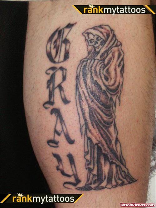 Amazing Grey Ink Grim Reaper Tattoo On Leg