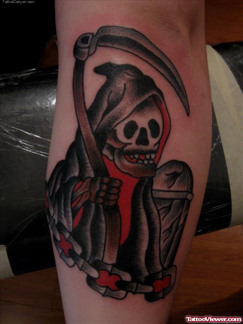 Traditional Black Ink Grim Reaper Tattoo On Sleeve