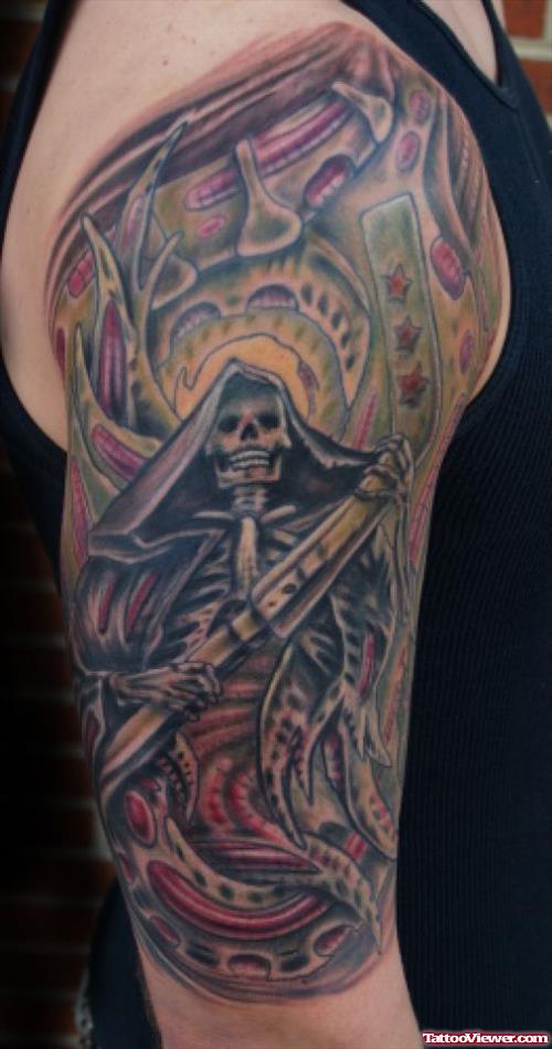 Grim Reaper Tattoo On Man Right Half Sleeve