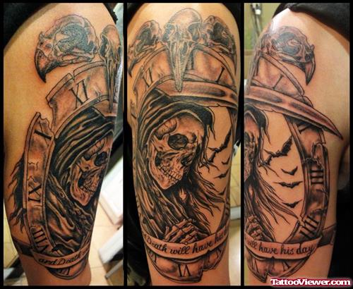 Grey Ink HAlf Sleeve Grim Reaper Tattoo